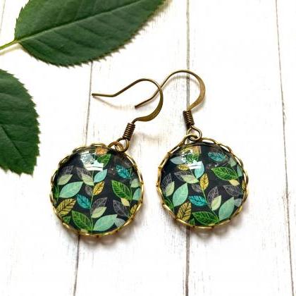 Brass Earrings With Leaf Pendants And Lace Edging,..