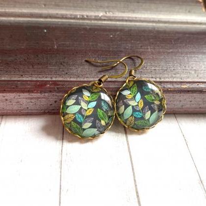 Brass Earrings With Leaf Pendants And Lace Edging,..