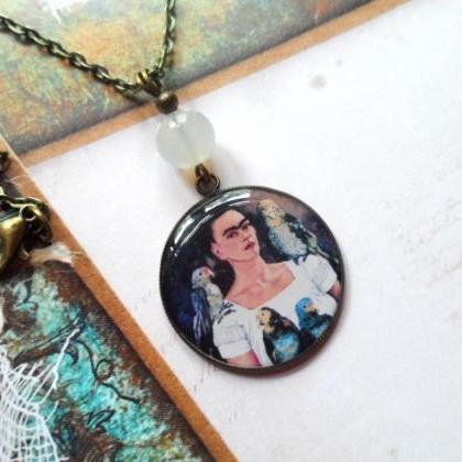 Bohemian Brass Necklace With A Frida Kahlo Pendant..