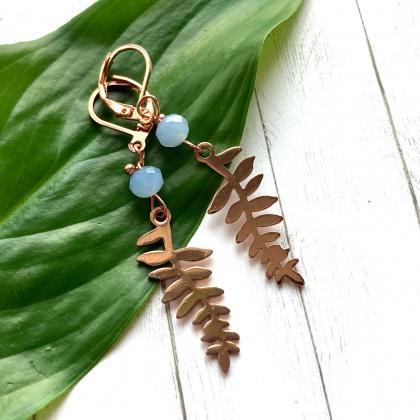 Rose Gold Leaf Earrings With Blue Glass Beads,..