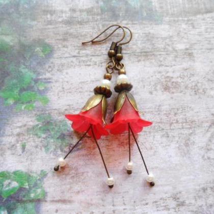 Red Bell Flower Earrings With Brass Petals And..