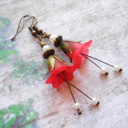 Red Bell Flower Earrings With Brass Petals And..