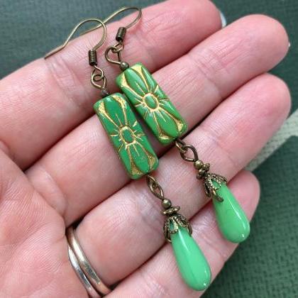 Moroccan Style Green And Gold Glass Earrings,..