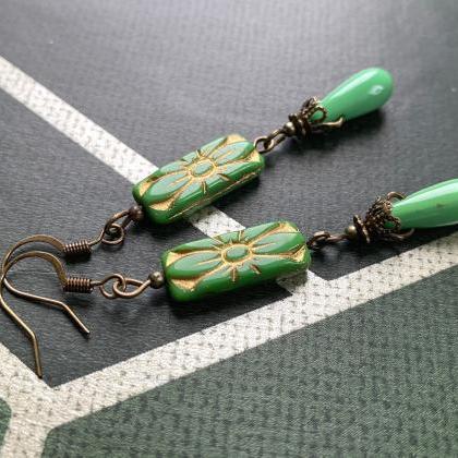 Moroccan Style Green And Gold Glass Earrings,..