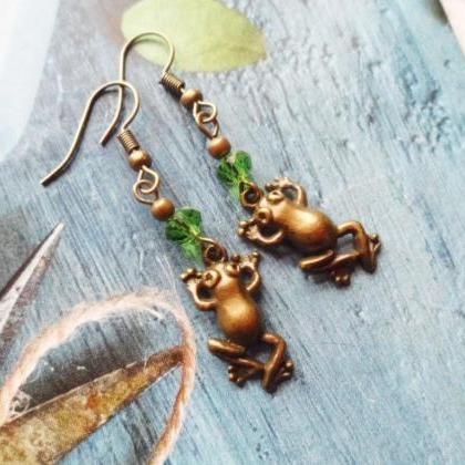 Adorable Antiqued Brass Frog Earrings With Forest..