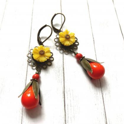 Yellow Daisy Earrings With Orange Glass Beads,..