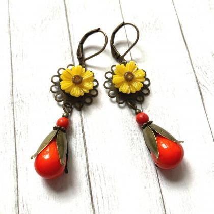 Yellow Daisy Earrings With Orange Glass Beads,..