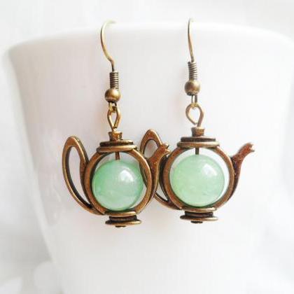 Bohemian Brass Teapot Earrings With Green..