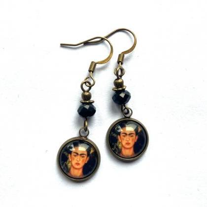 Frida Kahlo Earrings With Black Glass Beads, Selma..