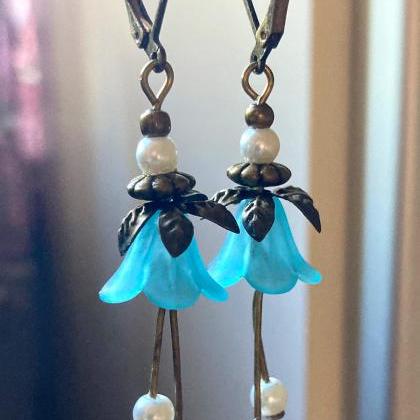 Gorgeous Teal Bell Flower Earrings With Ivory..