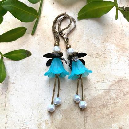 Gorgeous Teal Bell Flower Earrings With Ivory..