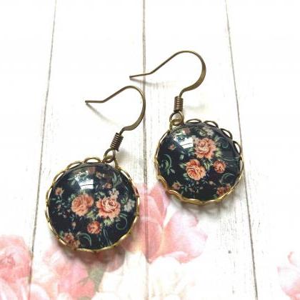 Brass Earrings With Flower Pendants And Lace Edge,..