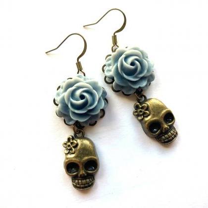 Skull Earrings With Blue Rose Pendants, Day Of The..