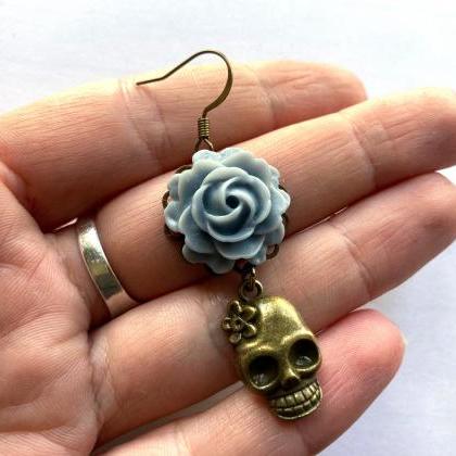 Skull Earrings With Blue Rose Pendants, Day Of The..
