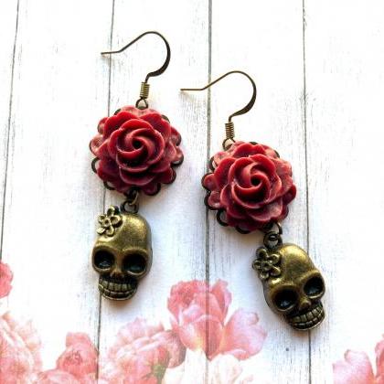 Skull Earrings With Red Rose Pendants, Day Of The..