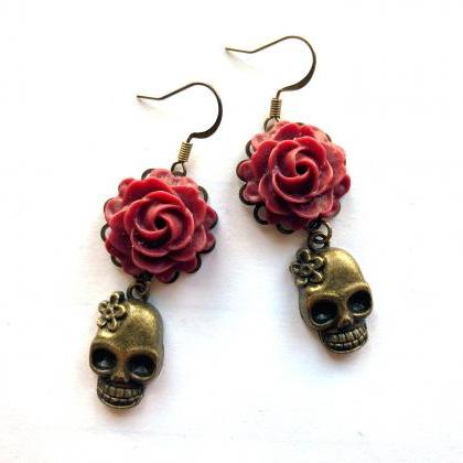 Skull Earrings With Red Rose Pendants, Day Of The..