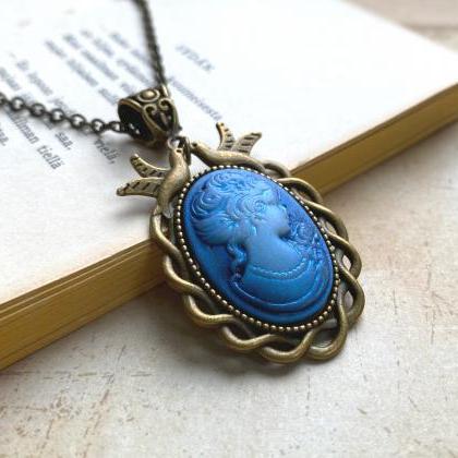 Beautiful Blue Lady Cameo Necklace In A Bird..