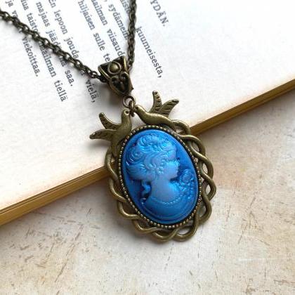 Beautiful Blue Lady Cameo Necklace In A Bird..