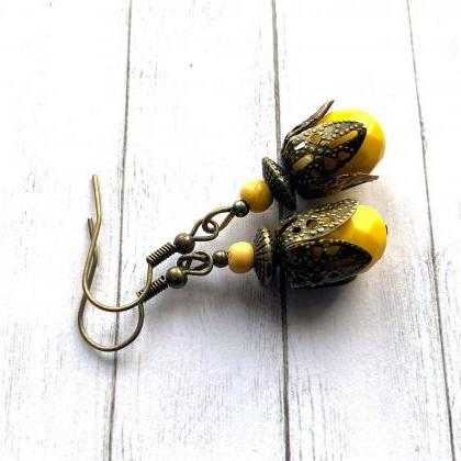 Moroccan Style Brass Earrings With Yellow Glass..