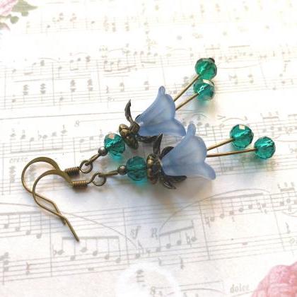 Stunning Blue Bell Flower Earrings And Teal Glass..