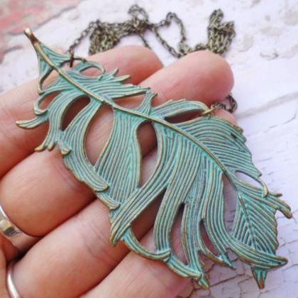 Beautiful Patina Verdigris Feather Necklace, Selma..
