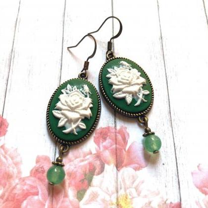 Vintage Inspired Rose Cameo Earrings With Green..