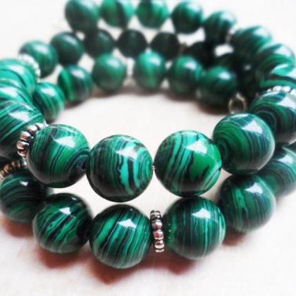 Silver Bracelet With Green Malachite Natural..