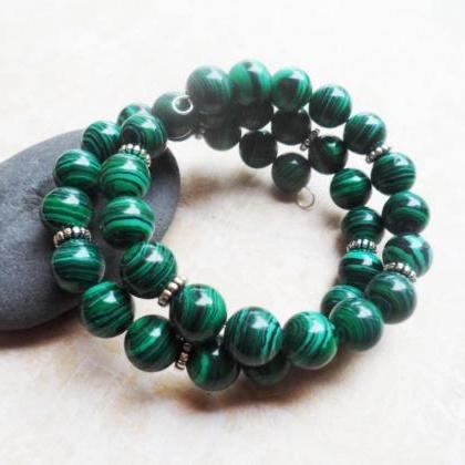 Silver Bracelet With Green Malachite Natural..