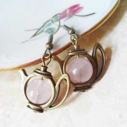 Teapot Earrings With Rose Quartz Crystal Pearls,..