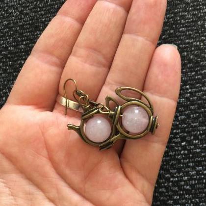 Teapot Earrings With Rose Quartz Crystal Pearls,..