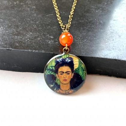 Bohemian Brass Necklace With A Frida Kahlo Pendant..
