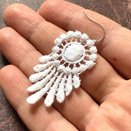 Bridal Brass Earrings With Ivory Lace Pendants And..