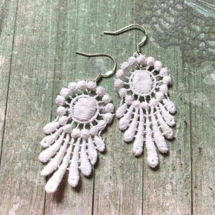 Bridal Brass Earrings With Ivory Lace Pendants And..