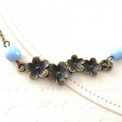 Stunning Flower Necklace With Blue Glass Beads,..
