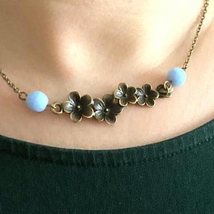Stunning Flower Necklace With Blue Glass Beads,..