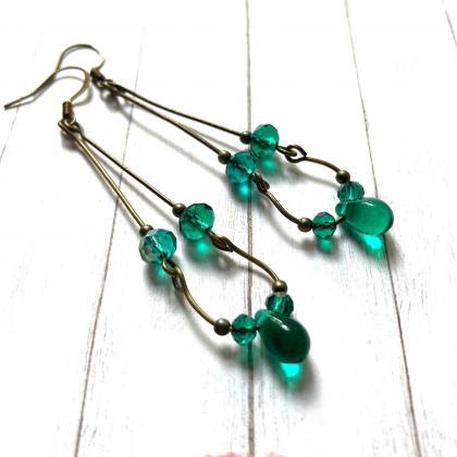 Beautiful Brass Earrings With Shimmering Teal..