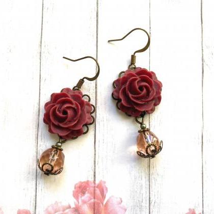 Beautiful Earrings With Dark Red Rose Pendants And..