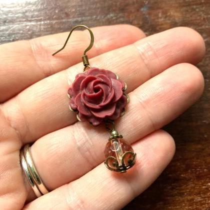 Beautiful Earrings With Dark Red Rose Pendants And..