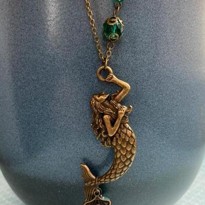 Whimsical Mermaid Necklace With Teal Glass Beads,..