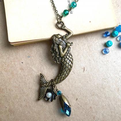 Whimsical Mermaid Necklace With Teal Glass Beads,..