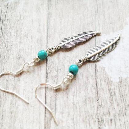 Silver Feather Earrings With Turquoise Beads,..