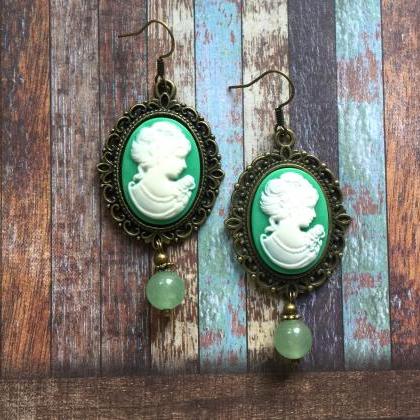 Vintage Inspired Lady Cameo Earrings With Green..