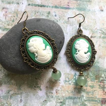 Vintage Inspired Lady Cameo Earrings With Green..