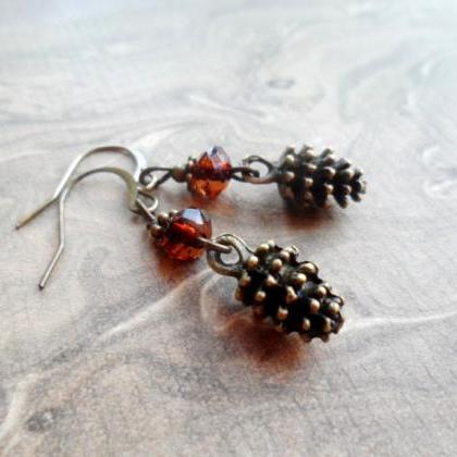 Pine Cone Earrings With Shimmering Rust Colour..