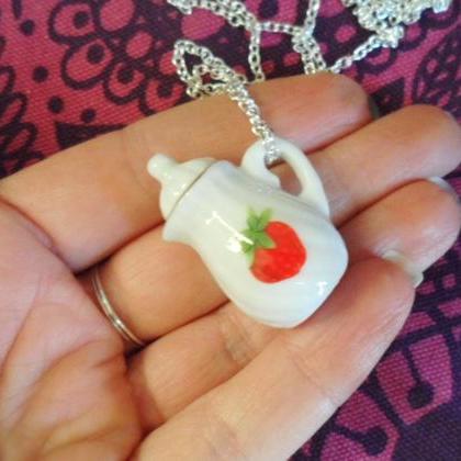 Whimsical Silver Plated Necklace With A Porcelain..