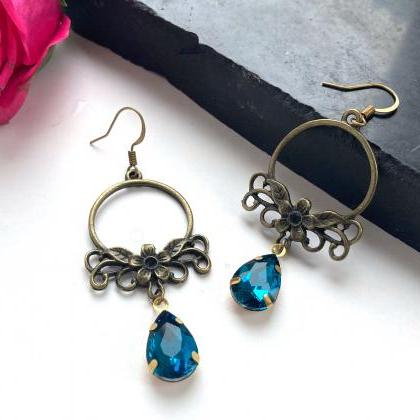 Art Nouveau Flower Earrings With Teal Glass..