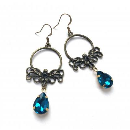 Art Nouveau Flower Earrings With Teal Glass..