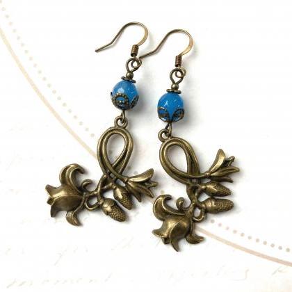 Art Nouveau Earrings With Blue Jade Gemstone..