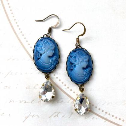 Lovely Blue Cameo Earrings With Glass Pendants,..