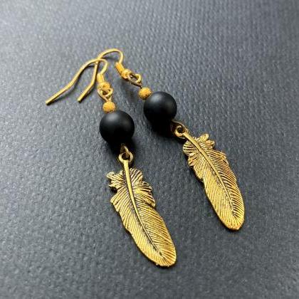 Gold Feather Earrings With Black Beads, Selma..